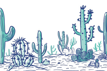 Wall Mural - Cute cacti hand drawn sketch style landscape illustration