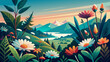 Colorful Illustrated Landscape with Flowers, Mountains, and Lake at Sunset