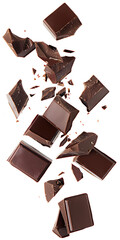 Pieces of dark chocolate falling close up on a white background