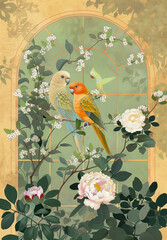 Naklejka na meble Vintage Elegance: Retro Illustration with Birds and Blossoms in Full Bloom