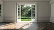 A large open door leads to a large room with a view of a lush green yard. The room is empty and has a lot of natural light coming in through the open door. Scene is peaceful and inviting