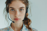 Fototapeta Uliczki - focused expression of a customer service agent using a headset to assist customers, against a pristine white background, highlighting dedication and attentiveness in the call cente