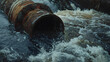 Rusty pipe releasing water into river, altering fluvial landforms