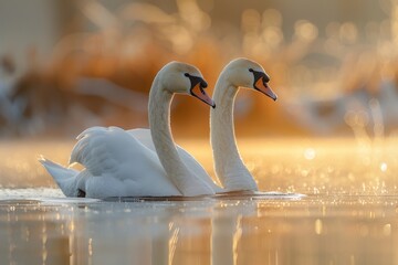 A serene image capturing the beauty of two swans in love enjoying the golden hour sunset, reflecting on tranquil waters