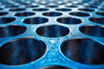 Poster - A close-up of blue hued metallic structure forming a repetitive circular pattern with a sense of depth