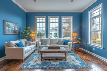 Poster - A modern living room filled with sunlight, showcasing stylish furniture, wall art, and a cozy atmosphere