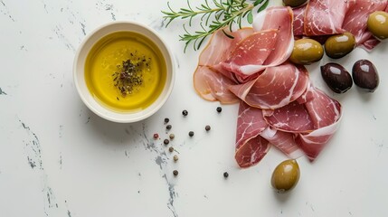 Wall Mural -   1 Olives, prosciutto, and olive oil are arranged on a pristine white surface.2 A scene features olives, prosciutto