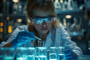Poster - A dedicated researcher wearing protective glasses intently pipetting a solution into a test tube in a lab environment