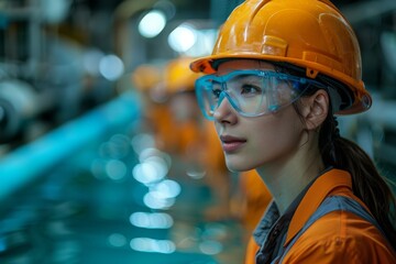 A young female engineer wearing a safety helmet and protective gear in an industrial setting