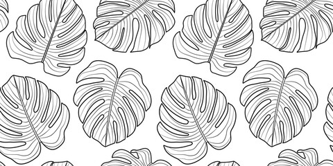 Poster - Seamless pattern of openwork monstera leaves.