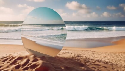 Transparent sphere reflects an inverted beachscape on sand. Round mirror shows flipped seashore, merging reality with reflection.