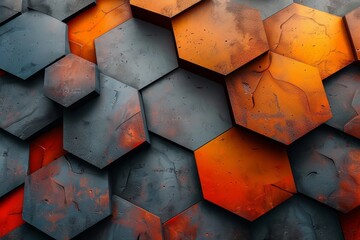 Poster - A visually captivating hexagonal pattern in a striking contrast of warm orange and cool black tones, evoking a sense of energy and modernity