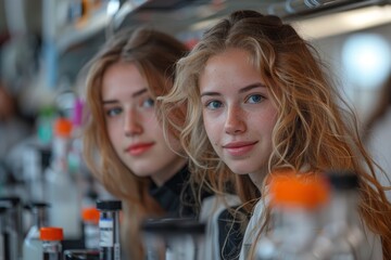 Poster - A single young woman performing experiments in a chemistry lab with equipment