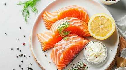 Wall Mural -   A white plate holds a salmon fillet, nearby sits a bowl of yogurt, and atop the table rests a slice of lemon