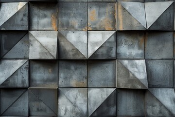 Poster - A close-up texture shot of a wall with weathered triangular concrete tiles that create a 3D geometric pattern