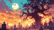 2d Halloween night illustrations featuring a sinister tree in a spooky cemetery are available for download