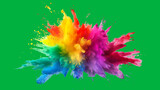 Fototapeta Lawenda - Dynamic explosion colored powder against green screen chromakey background. Abstract backdrop with paint cloud