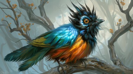 Wall Mural -   A vibrant bird perches on a branch before a tree adorned with yellow and green foliage