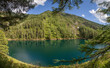 Picturesque forest lake, summer mountain landscape, travel and leisure