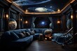 Cosmic Ambiance: Celestial Themed Home Theater Decors with Surround Sound Setup, Plush Sofas, and Movie Lovers' Dream