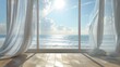 A large window overlooking the ocean with white curtains. The curtains are open, allowing the sunlight to stream in and illuminate the room. Concept of peace and tranquility, as the view of the ocean