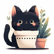 A black cat peeking playfully from behind a plant pot on a clean white background