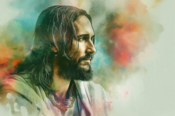 Wall Mural - Watercolor portrait of Jesus Christ. Religion painting artwork. Close up Jesus portrait.