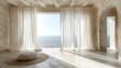 A large room with a view of the ocean. The room is empty and has white curtains. There is a white pillow on the floor