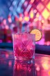 © Anastasiia S - Pink cocktail garnished with a slice of lime, set against a backdrop of neon bar. Copy space. Concept: summer drinks, menu for bar, alcoholic drinks, social media. Vertical post.