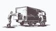 Workers unload a large box from a van truck. Vector illustration