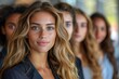 Attractive young woman with wavy hair prominently in focus against blurred faces