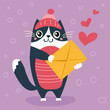 Vector illustration happy cat in flat style drawing, with postmail in his hands