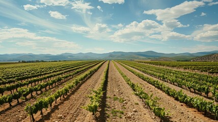 Vineyard landscape with blue sky and mountains in the background