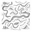 A set of hand-drawn curved lines and tangled threads icons as a vector illustration on a white background, representing a complex, scattered or long journey route.