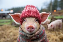 An Endearing Pig Wearing A Red Knitted Hat And Scarf Gazes Into The Camera, Symbolizing Warmth And Care