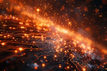 Poster - A close-up of a digital circuit board with glowing orange lights, representing communication, technology