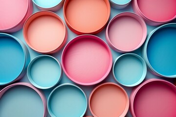 Poster - A neat arrangement of open paint cans displaying a variety of colors against a soft blue background captures the idea of choice and creativity