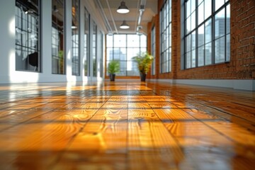 Poster - A warm and inviting image showing the play of sunlight on a polished hardwood floor within a spacious, modern interior corridor with large windows