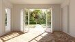 © Bouchra - A large open space with a view of a garden. The room is empty and has a lot of natural light coming in through the windows