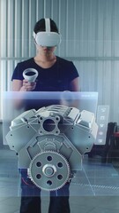 Wall Mural - car service manager uses virtual reality with futuristic augmented reality diagnostic software with 