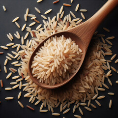 Steaming white rice fills a ceramic spoon against a dark background