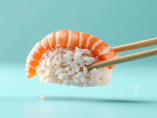 Piece of sushi between two sushi sticks on blue background, 3d render