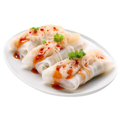 Wall Mural - Delicious and Yummy Cheung Fun Rice Noodle Rolls Isolated On White Background 