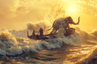 Elephant sail on a ship across an ocean. Surreal artwork.