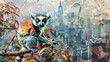 Wildlife concept. Exotic fantasy collage banner. Illustration of jungle plants, big city , lemur
