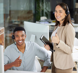 Poster - Customer support, thumbs up and portrait of people with tablet for help, call center and success. Communication, telemarketing office and man and woman for contact, crm support and online consulting