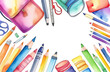 School supplies pattern on white background soon to school, space for text