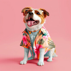 Portrait of happy dog wear summer shirt