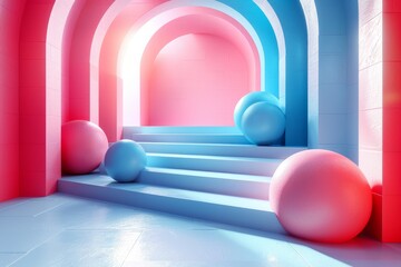 Poster - A vibrant and modern abstract design featuring arches, spheres, and stair steps in pink and blue hues