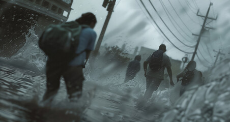 A group of people runs along a flooded street during a hurricane. The scene is chaotic and full of despair